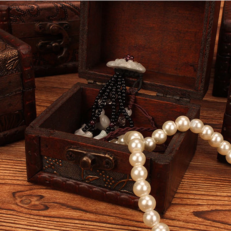 Retro Small Square Wood Jewelry Box Lotus Grass Flower Grape Copper Coin Daffodil Jewelry Storage Box