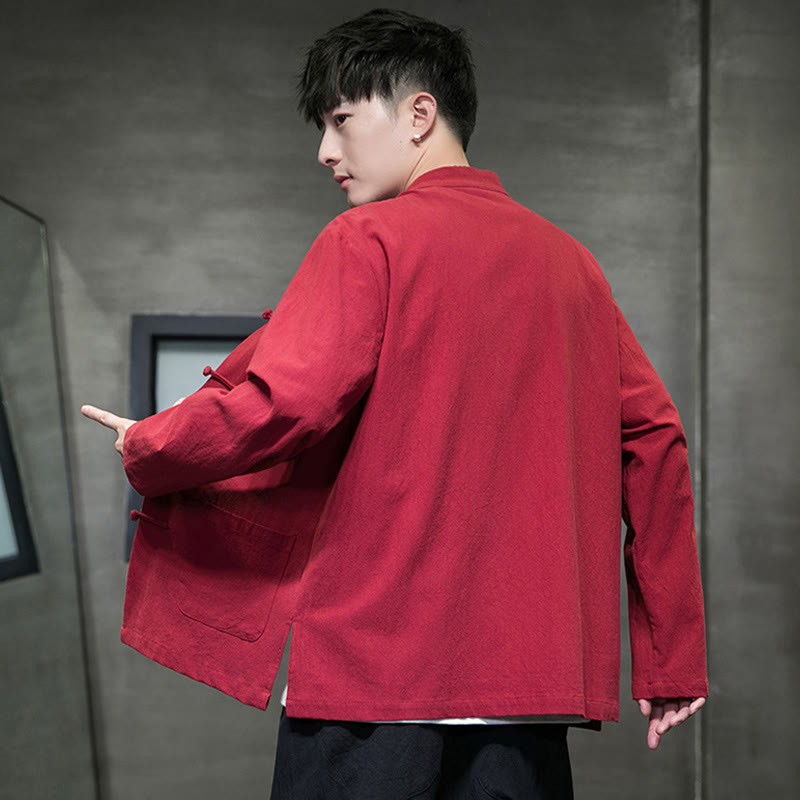 Solid Color Frog-button Tang Suit Cotton Linen Men's Jacket Shirt With Pockets