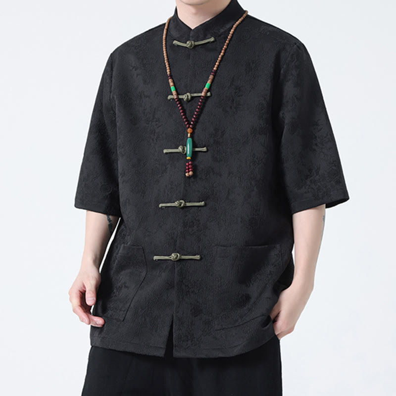 Solid Color Jacquard Frog-button Chinese Half Sleeve Shirt Men T-shirt