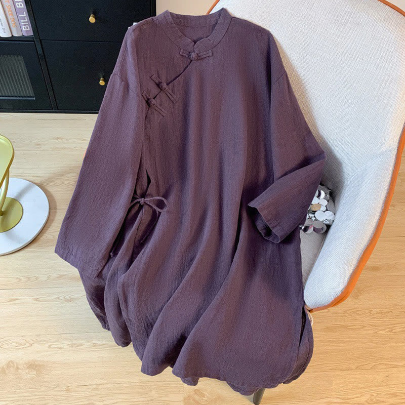 Casual Women's Plain Frog-Button Stand Collar Design Long Sleeve Cotton Linen Shirt With Pockets