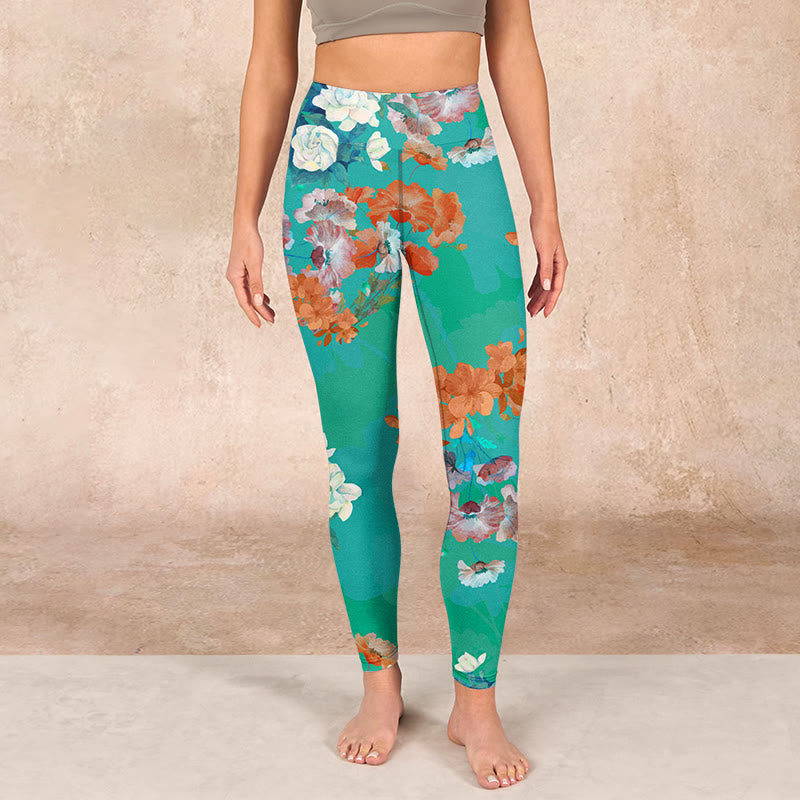 Green Orange Beige Floral Print Gym Leggings Women's Yoga Pants