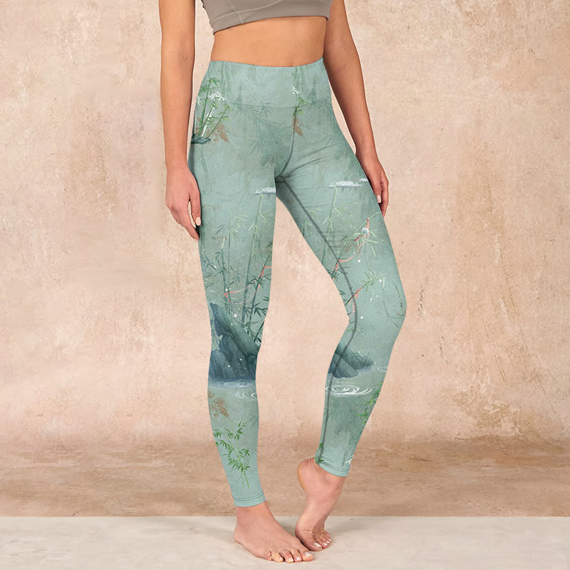 Green Bamboo Rocks Print Sports Fitness Leggings Women's Yoga Pants