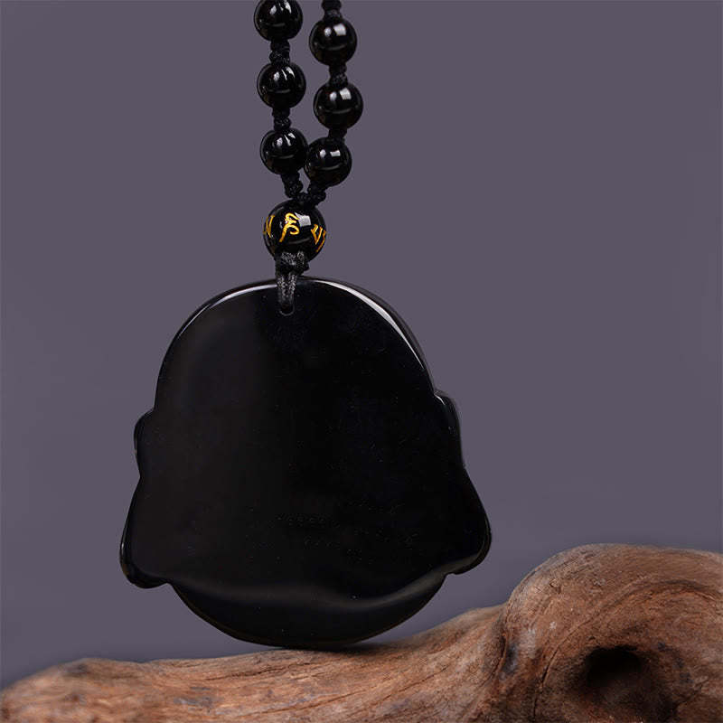 Natural Black Obsidian Laughing mystic zen Purification Necklace Pendant