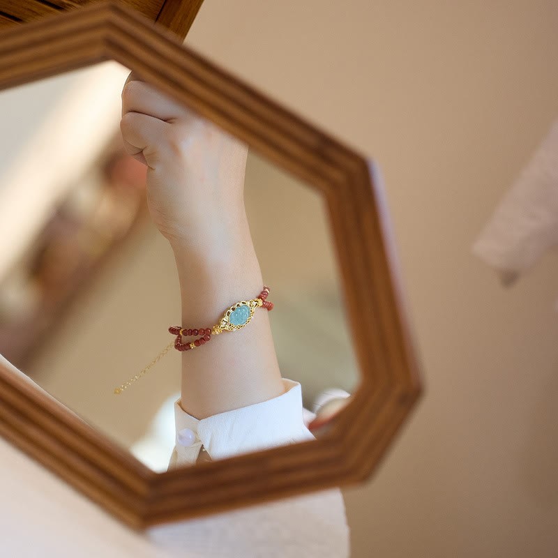 925 Sterling Silver Plated Gold Natural Red Agate Lotus Jade Calm Double Layer Bracelet