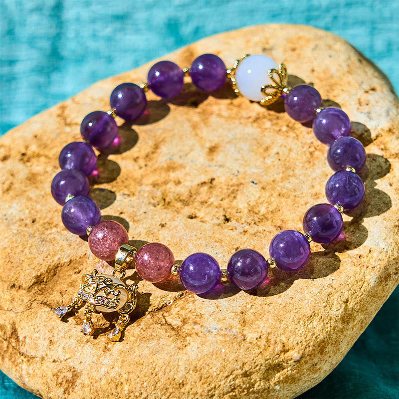 Natural Amethyst Strawberry Quartz Peace Lock Charm Positive Bracelet