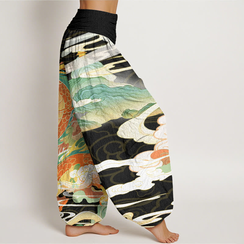 Dragons Auspicious Clouds?pattern Women's Elastic Waist Harem Pants