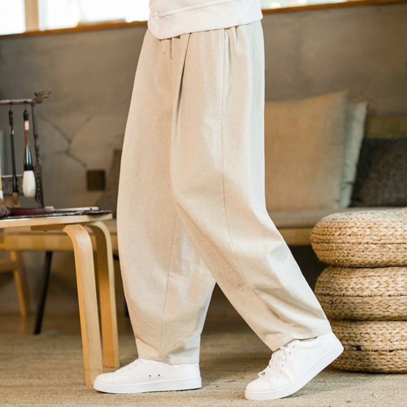 Solid Color Cotton Linen Drawstring Men's Harem Pants With Pockets