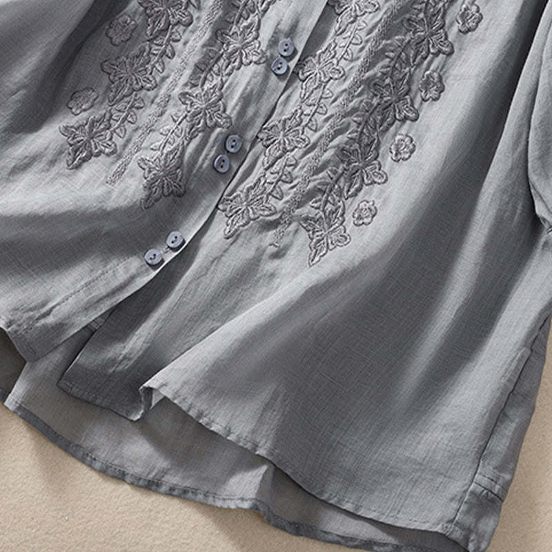 Summer Plain Button Embroidery Flower Pattern Three Quarter Sleeve Lapel Cotton Linen Women's Shirt