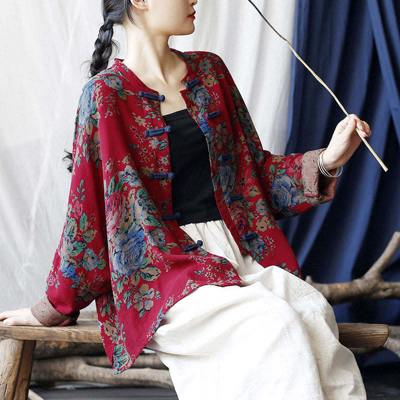 Red Flowers Green Leaves Print Frog-button Design Long Sleeve Cotton Linen Jacket Shirt