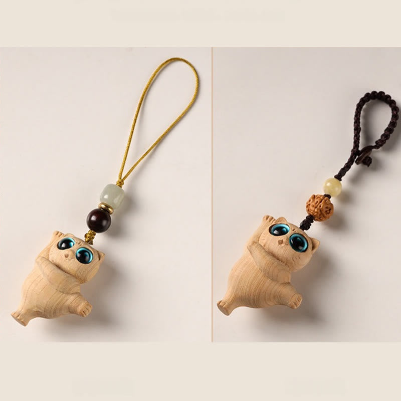 Green Sandalwood Thuja Sutchuenensis Dancing Cat Positive Key Chain Phone Hanging Decoration
