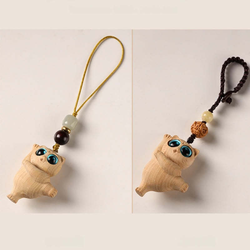 Green Sandalwood Thuja Sutchuenensis Dancing Cat Positive Key Chain Phone Hanging Decoration