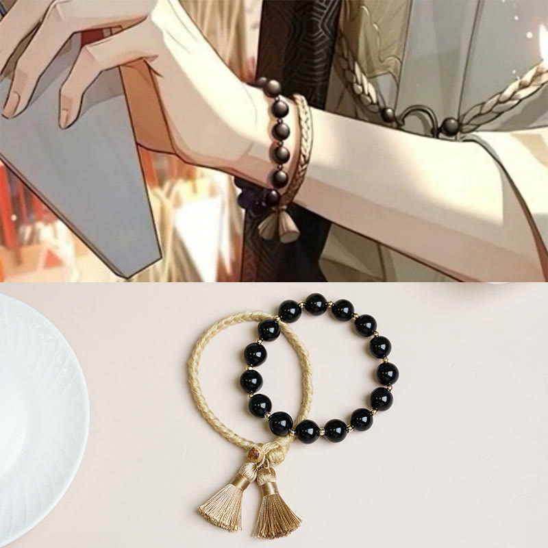 2Pcs Black Onyx Bead Support Protection String Bracelet