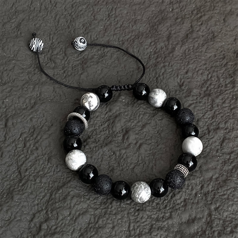 Vintage Lava Rock Black Obsidian Picasso Jasper Beads Support Rope Bracelet