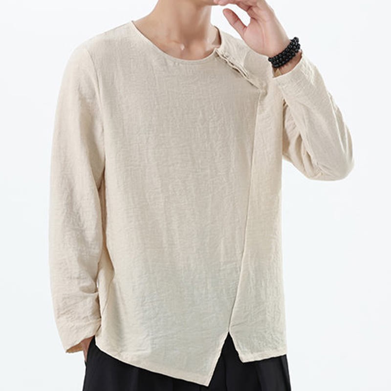 Men's Long Sleeve Round Collar Comfort Cotton Linen Shirt