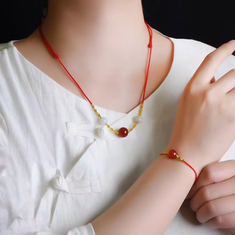 Natural Red Agate Cat Eye Calm Braided String Bracelet Necklace Pendant