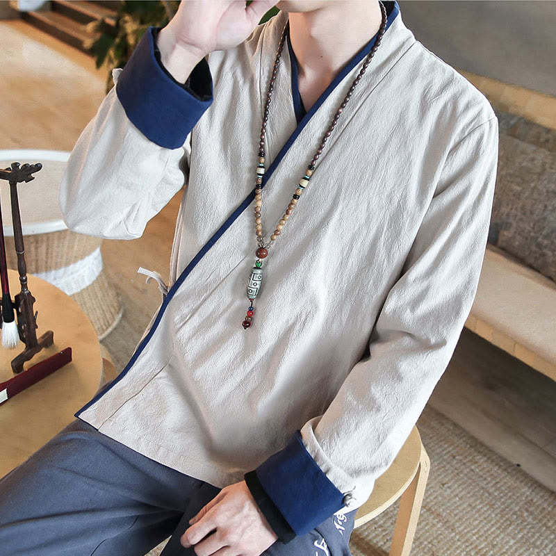 Fall Colorblock Long Sleeve Shirt Linen Lace-up Men Clothing
