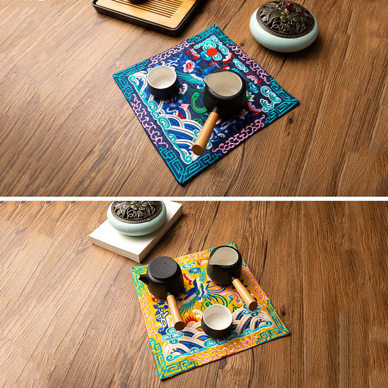 Phoenix Dragon Kirin Embroidery Cup Mat Pad Tea Cup Coaster Kung Fu Tea Mat