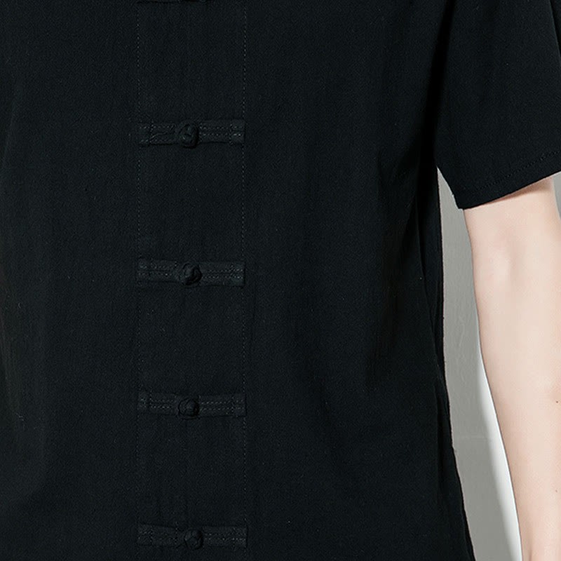 Casual Solid Color Front Frog Buttons Chinese Tang Suit Short Sleeve Linen Men's Shirt