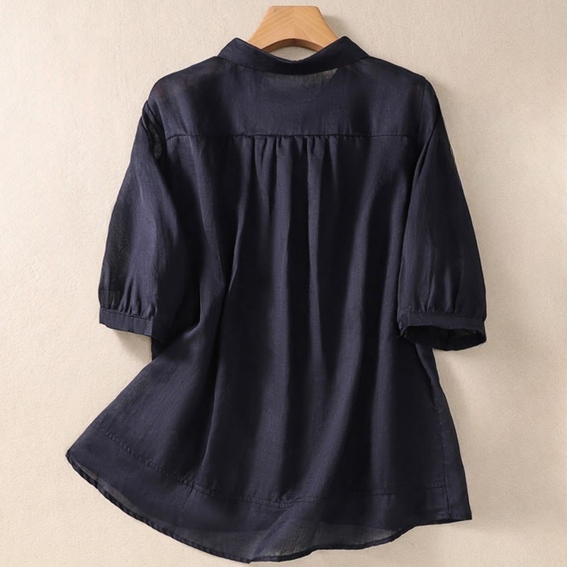 Summer Plain Button Embroidery Flower Pattern Three Quarter Sleeve Lapel Cotton Linen Women's Shirt