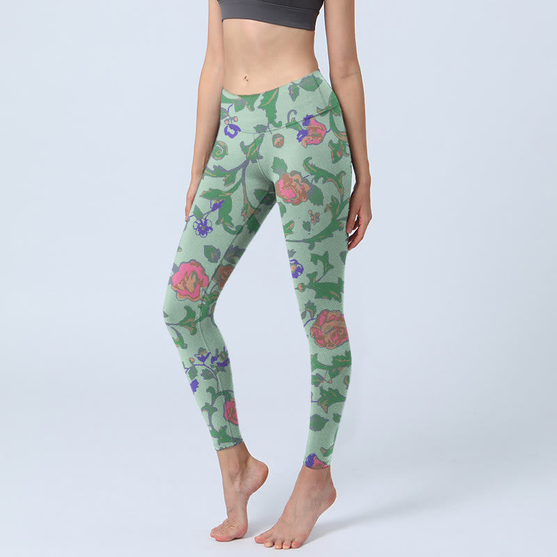 Green Red Roses Green Leaves Print Gym Leggings Women's Yoga Pants