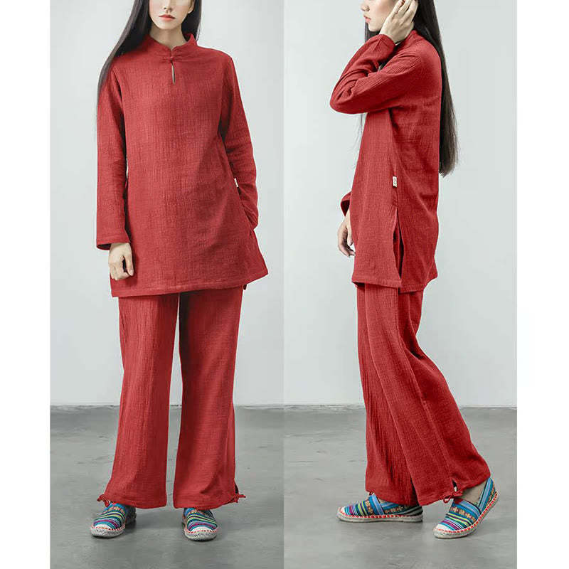 2Pcs Tang Suit Frog-Button Shirt Top Pants Meditation Zen Tai Chi Cotton Linen Clothing Women's Set