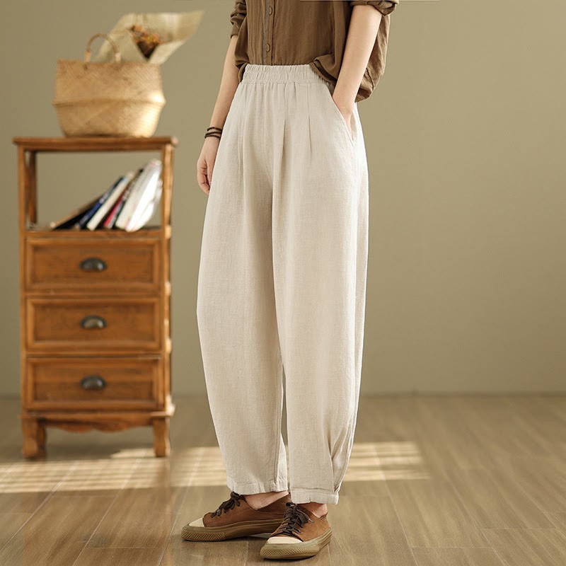 Casual Solid Color Tapered Elastic Waistband Cotton Linen Women's Pants With Pockets