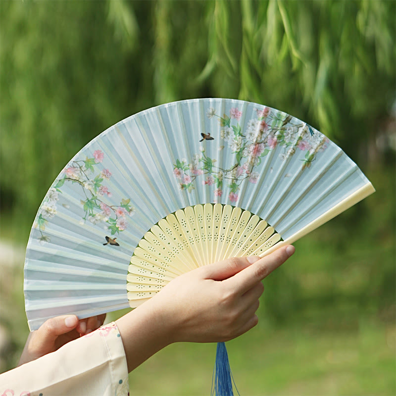 Classic Birds Singing Flowers Handheld Bamboo Folding Fan