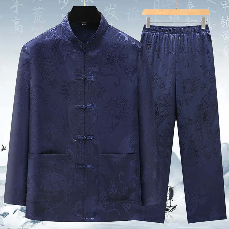 Tang Suit Men Hanfu Chinese Dragon Traditional Clothes Kung Fu Shirt Uniform Long Sleeved Coat Tops and Pants Clothing Men's Set