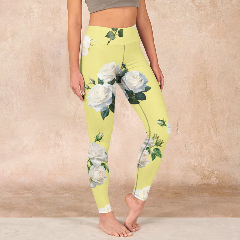 Yellow White Rose Print Sports Leggings Women's Yoga Pants