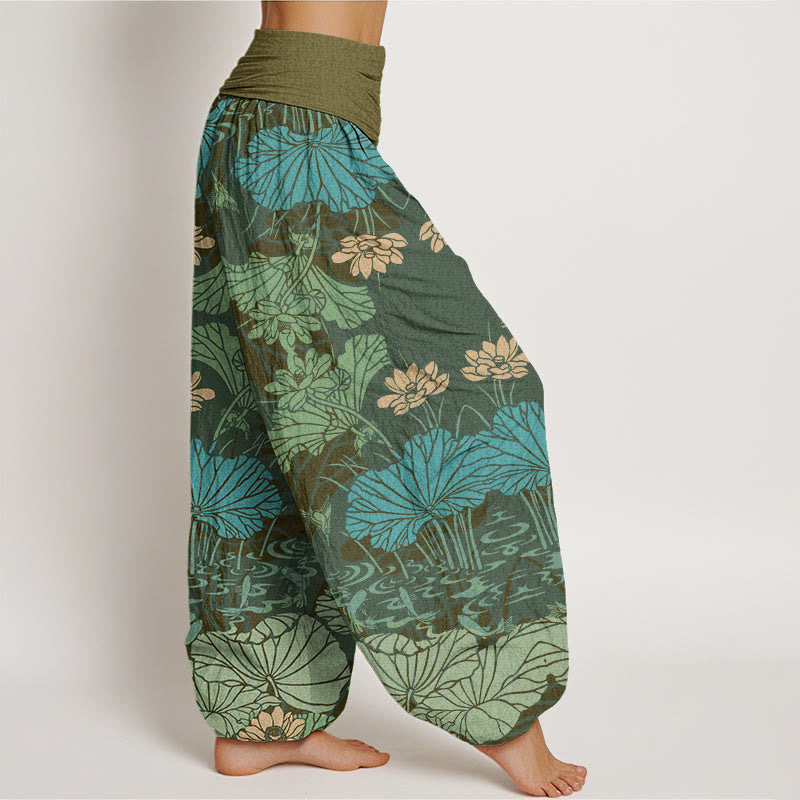 Lotus Leaves Flowers Design Women's Elastic Waist Harem Pants