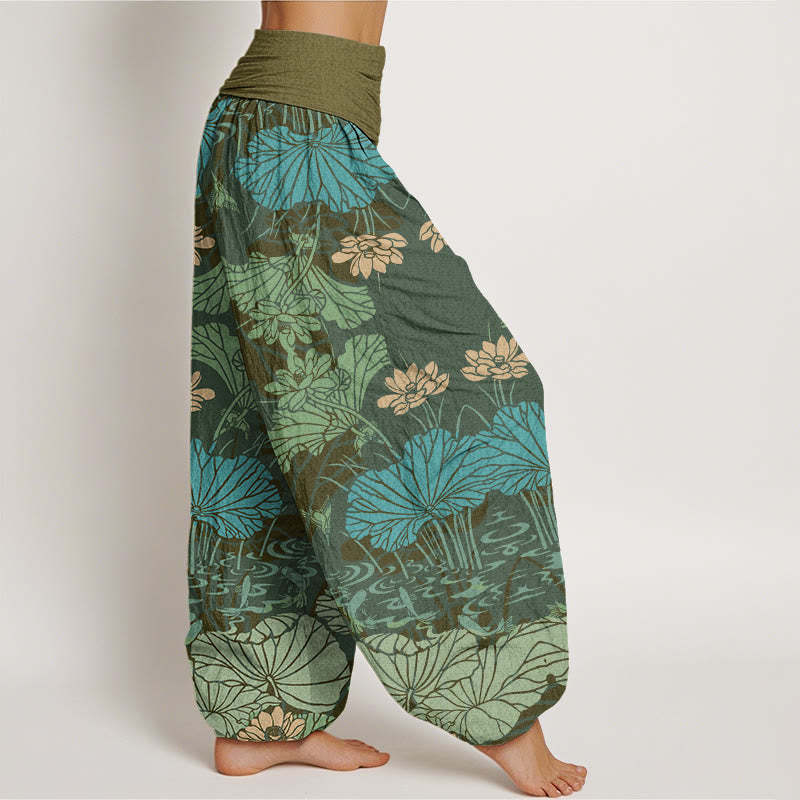 Lotus Leaves Flowers Design Women's Elastic Waist Harem Pants