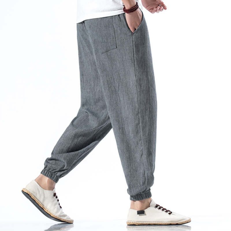 Casual Solid Color Drawstring Linen Men's Pants With Pockets