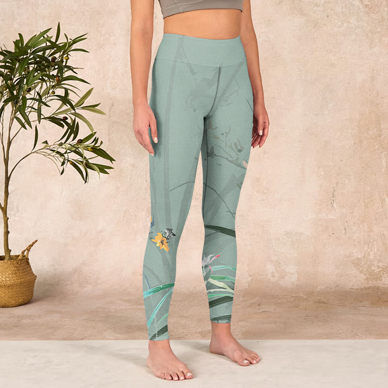 White Pink Orchids Leaves Print Gym Leggings Women's Yoga Pants