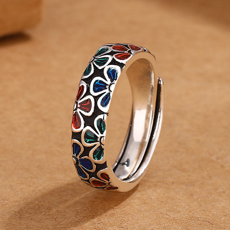Colorful Plum Blossoms Design Healing Copper Adjustable Ring