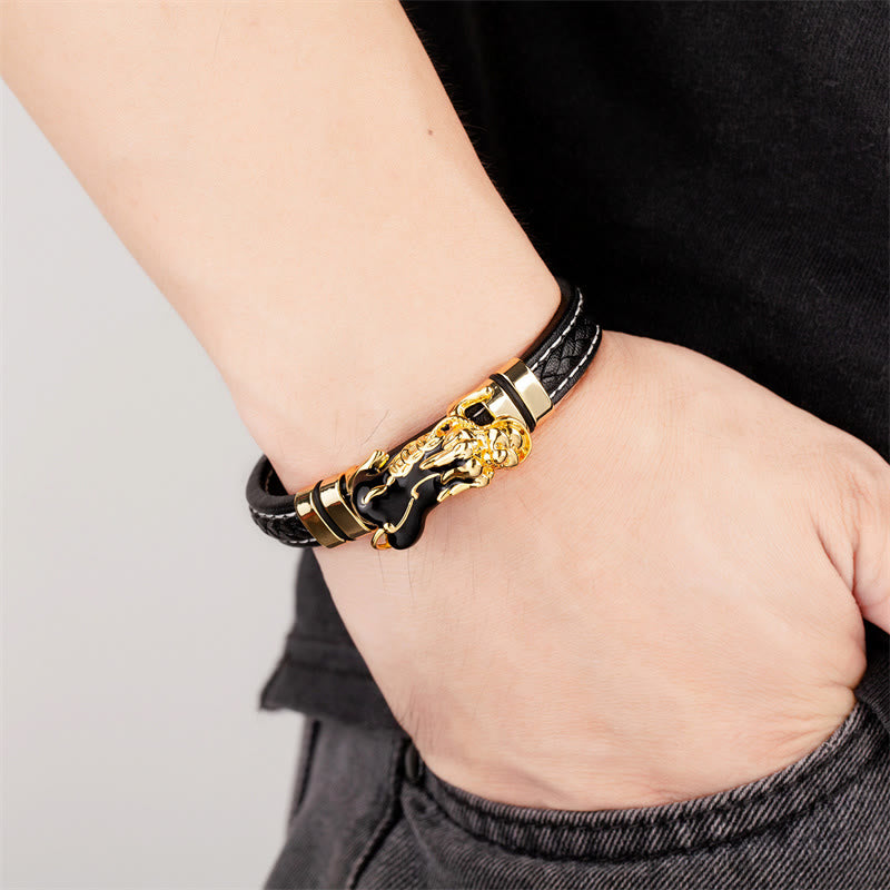 PiXiu Ingot Copper Coins Wealth Leather Buckle Bracelet