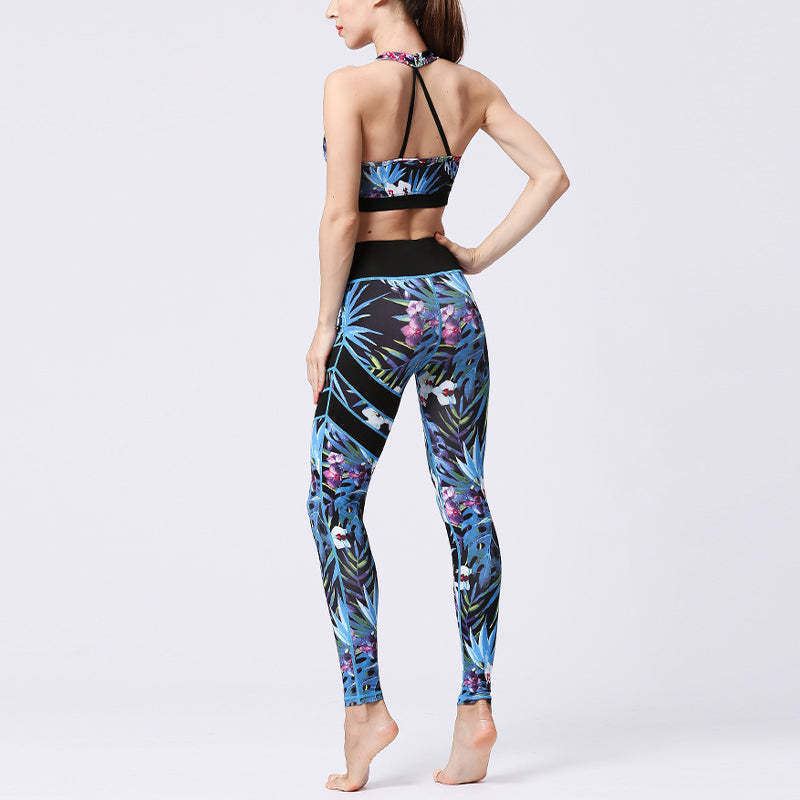 2Pcs Sunflower Flowers Leaves Print Top Pants Sports Fitness Yoga Women's Yoga Sets