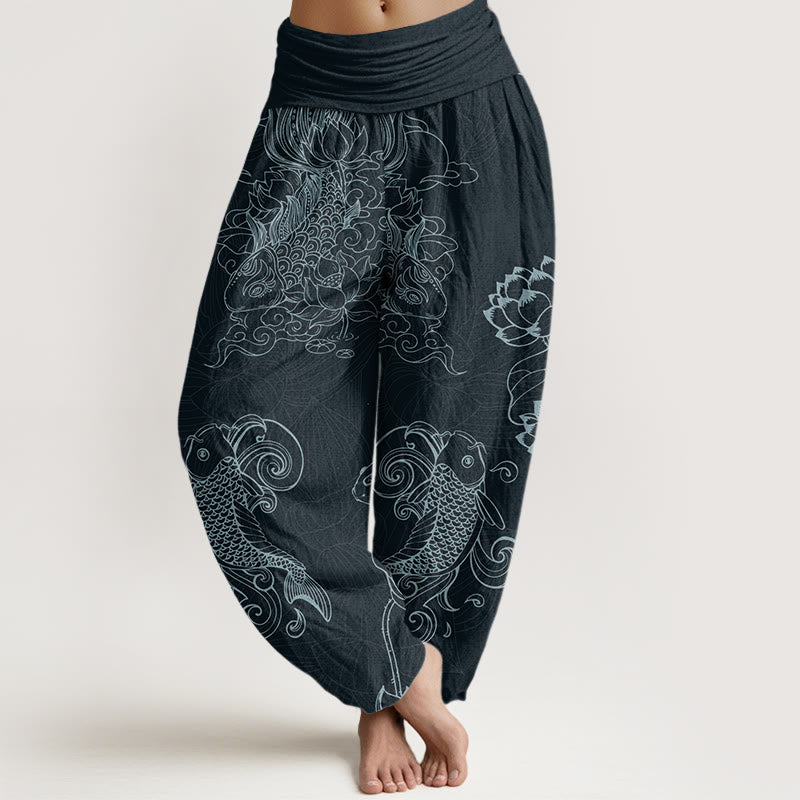 Koi Fish Auspicious Clouds Lotus Flowers Design Women's Elastic Waist Harem Pants