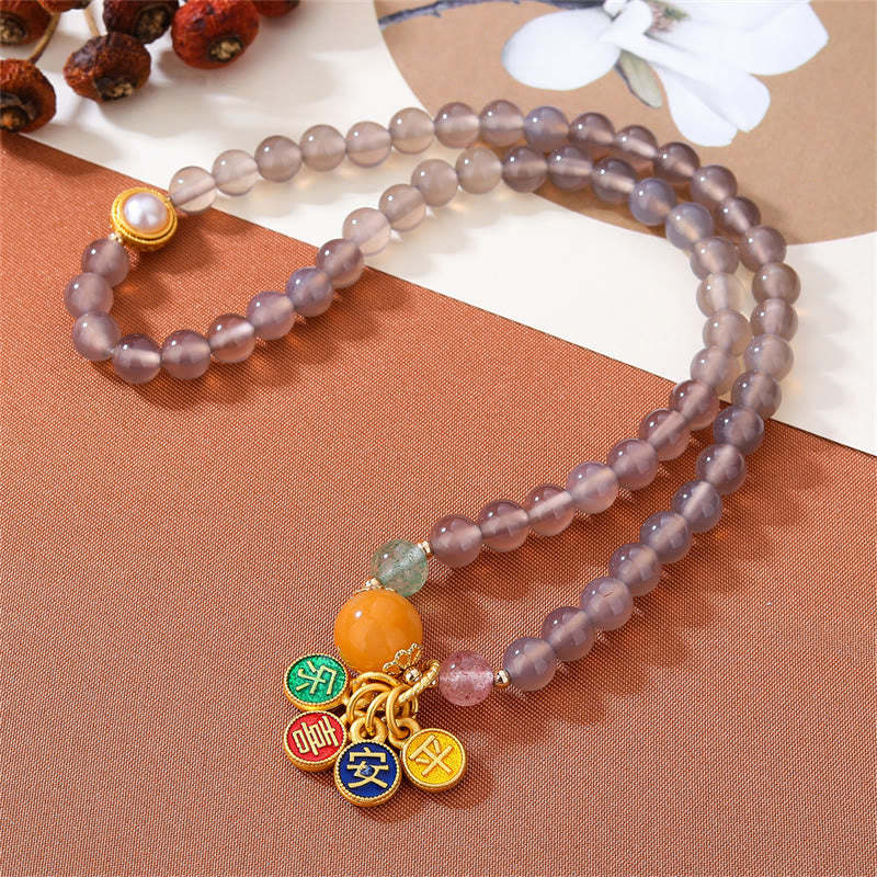 Natural Gray Agate Peace And Joy Charm Balance Double Wrap Bracelet