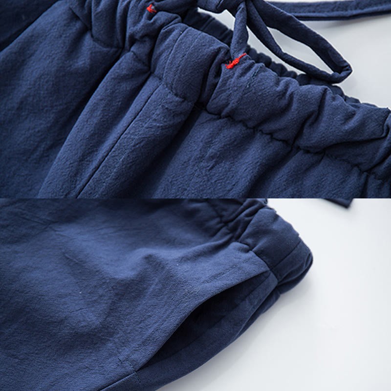 Winter Solid Men's Drawstring Cotton Fleece Lined Pants With Pockets