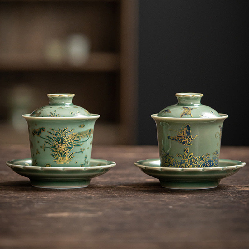 Green Porcelain Butterfly Flower Salmon Fish Ceramic Gaiwan Sancai Teacup Kung Fu Tea Cup And Saucer With Lid