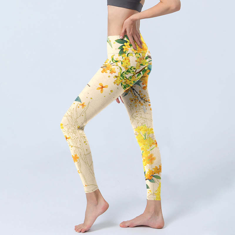 Yellow Osmanthus Fragrans Rapeseed Print Gym Leggings Women's Yoga Pants
