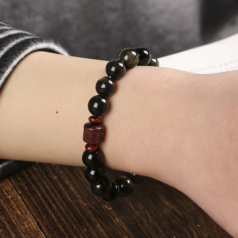 Natural Gold Sheen Obsidian Rainbow Obsidian Om Mani Padme Hum Fu Character Healing Bracelet