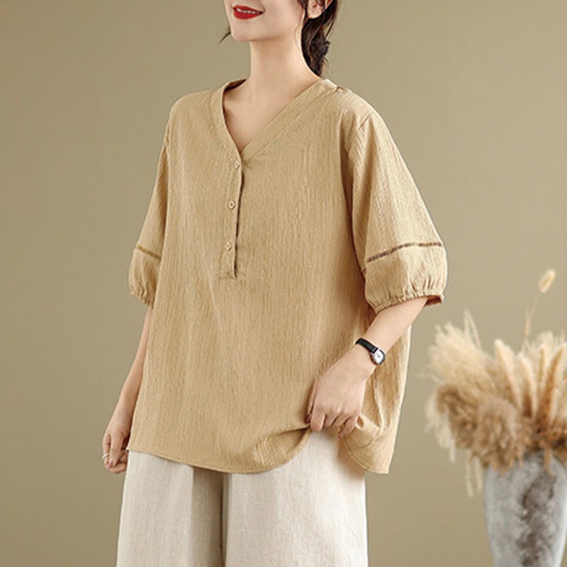 Summer Casual Pure Half Puff Sleeve Half Button V-neck Women's T-Shirt