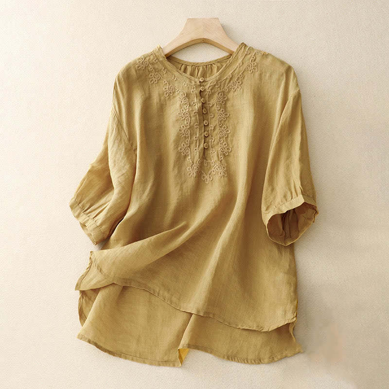 Casual Women's Plain Frog Buckle Design Half Sleeve Cotton Linen Shirt