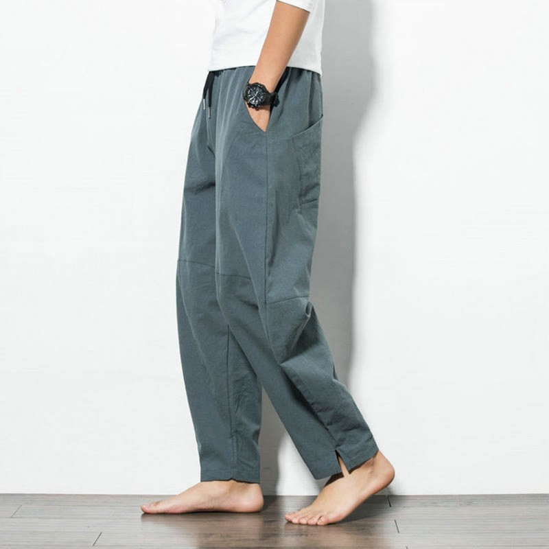 Casual Men's Solid Color Linen Drawstring Pants With Pockets