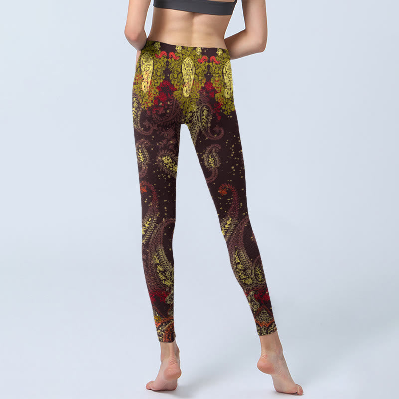 Reddish-brown Cashew Flower Vines Print Gym Leggings Women's Yoga Pants