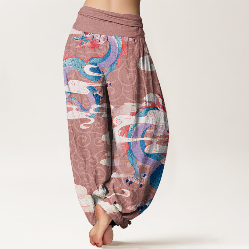 Vibrant Dragon White Auspicious Clouds Women's Elastic Waist Harem Pants