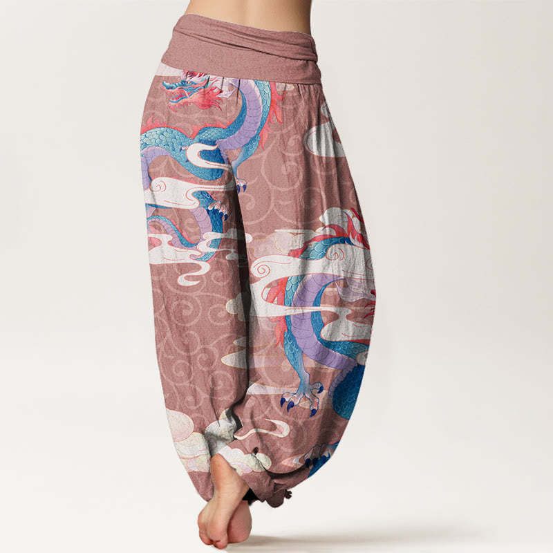 Vibrant Dragon White Auspicious Clouds Women's Elastic Waist Harem Pants
