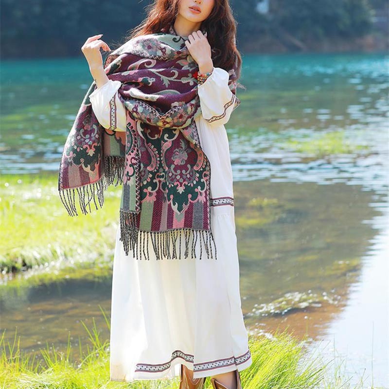 Tibetan Flowers Leaves Branch Design Tassel Shawl Cozy Travel Scarf Wrap