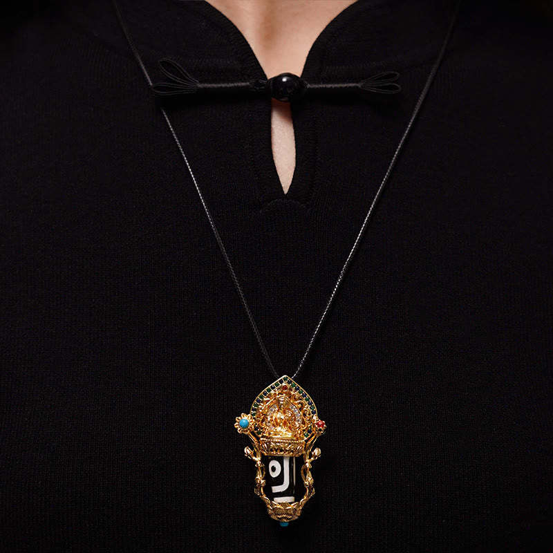 Tibetan Dzi Bead Manjusri Bodhisattva Pattern Compassion String Necklace Pendant